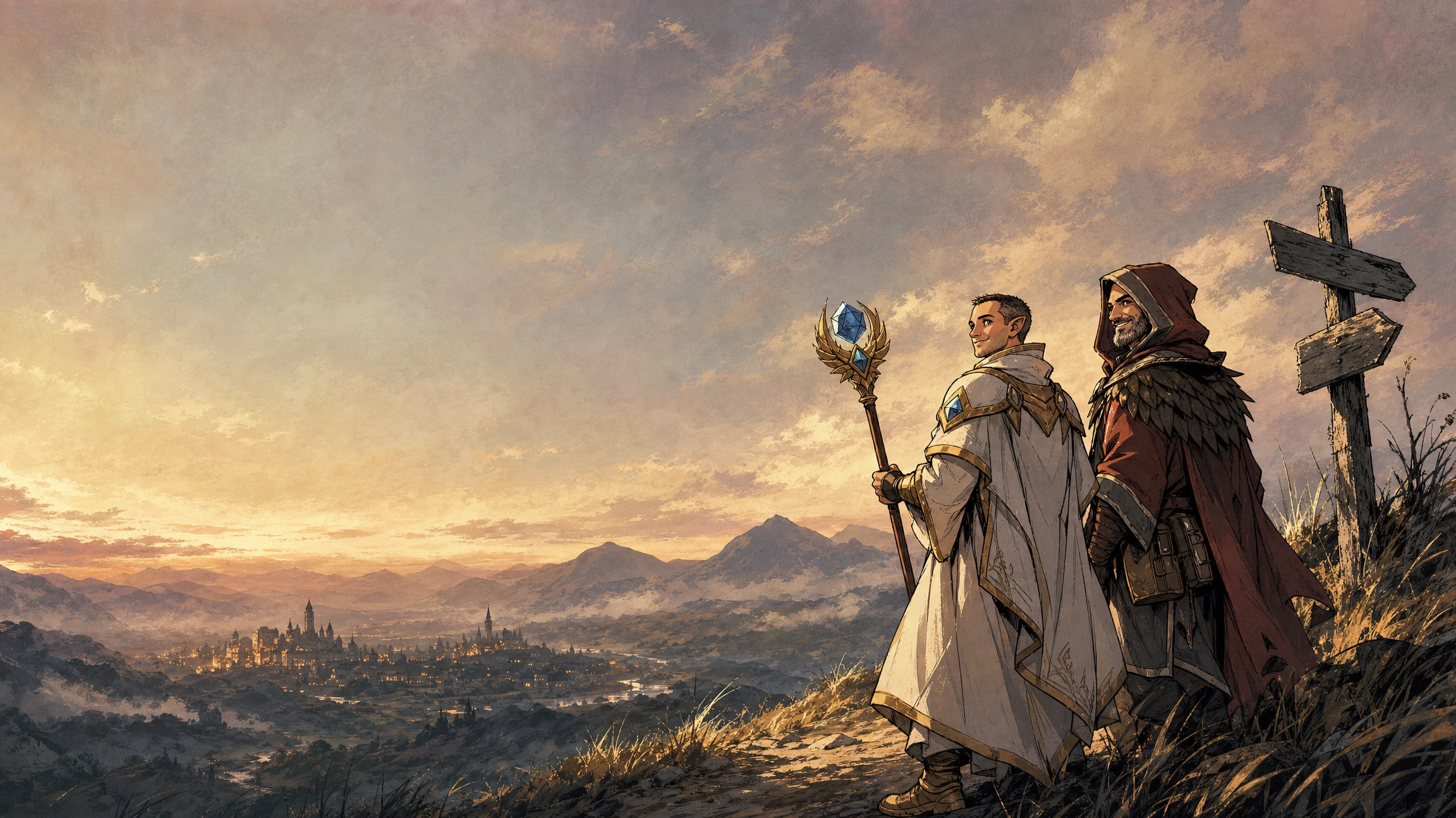 Two adventurers pausing on a hilltop path at dusk, looking out over a misty valley towards a lantern-lit town